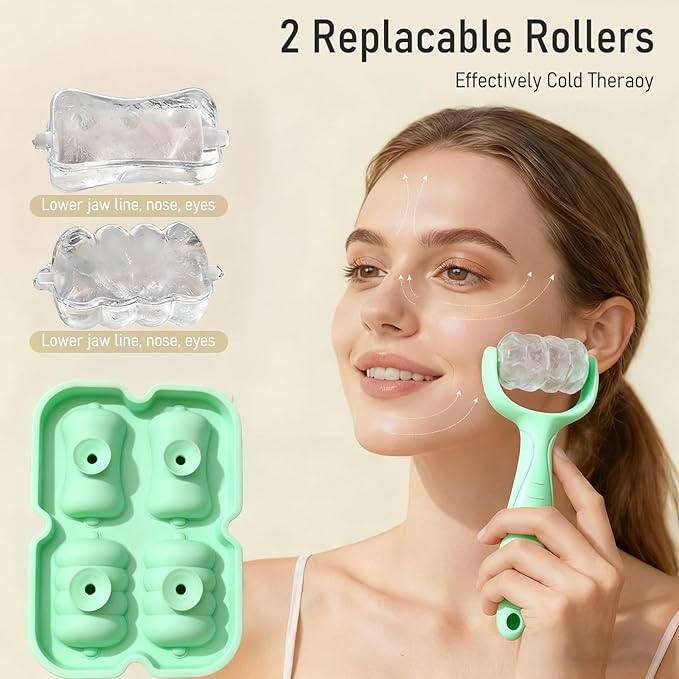 Ice Roller for Face, Reusable Facial Ice Roller for Eyes, Face, and Neck, 2 in 1 Massage Roller with Ice Face Mold and Silicone Textured Roller Head for Skin Care and Puffiness & Pain Relief, Green