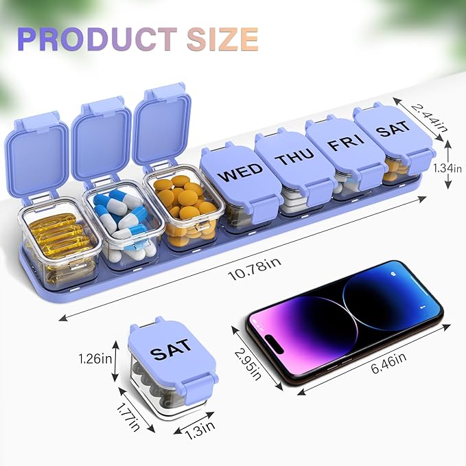 Extra Large Weekly Pill Organizer 7 Day - Portable Daily Pill Box with 7 Detachable Compartments, Vitamin Holder and Medicine Organizer for Supplements, Home and Travel, Purple