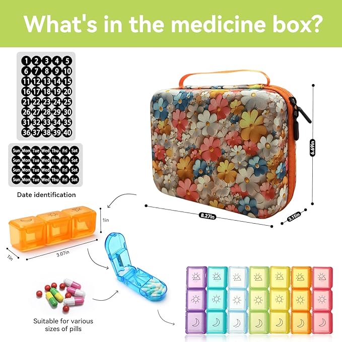 31-Day Monthly Pill Organizer with 3 Daily Compartments, Travel Medication Box with Pill Cutter, AM PM Storage Case (Flower Cluster 31-Day Drug Storage Box)