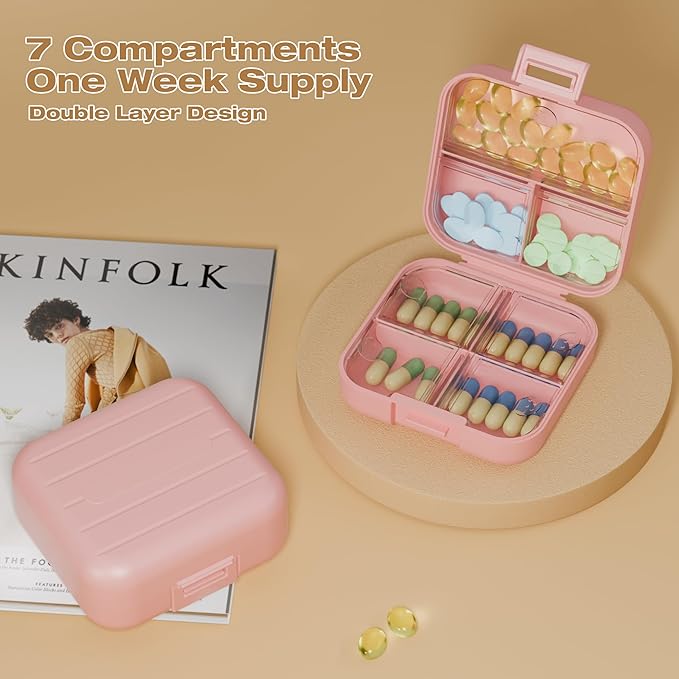 Small Travel Pill Box, Double Layer 7-Compartments Pill Organizer, 3.1" x 3.1" x 1.4" Portable Weekly Pill Case Container for Pocket, 7 Day Compact Medicine Holder for Vitamins, Fish Oils Pink