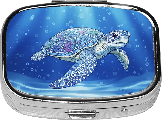 Square Pill Case Small Pill Box with Mirror Pocket 2 Compartment Vitamin Pill Medicine Case Organizer Pill Containers for Traveling Tranquil Sea Turtle