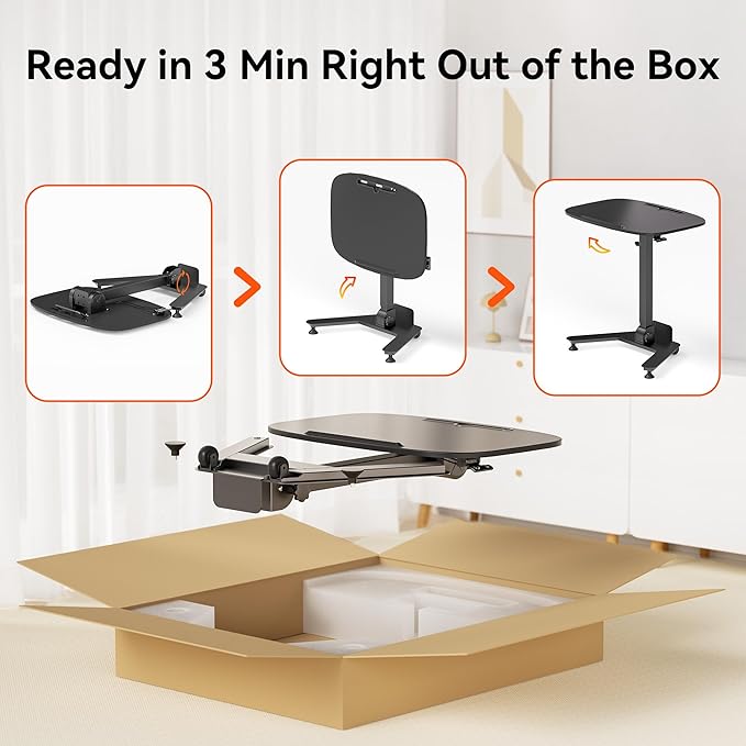 Foldable Pneumatic Height Adjustable Mobile Standing Desk with 90° Tiltable Tabletop, 27.2x18.9 Inch Portable Laptop Desk with Wheels, Holds Up to 66.1lbs for Home Office, Study, Black