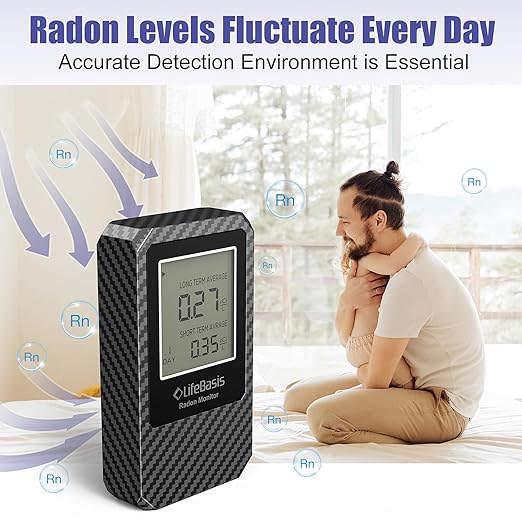 LifeBasis Radon Detector, Radon Test for Home with Long and Short Term Radon Meter, Home Radon Gas Monitor US Version-pCi/L (Update Version, Carbon Fiber Color)