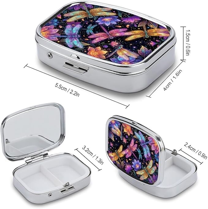 Metal 2 Compartment Pill Organizer Travel Friendly Portable Compact Pill Box Cute Pill Case,for Pocket Wallets Daily Portable Medicine Vitamin Tablet Storage (Painted Dragonfly)