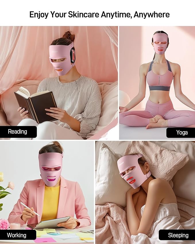 Red Light Mask, Silicone Cordless Led Mask with 368 Chips 2000mAh Rechargeable 3 Modes & Timer, Blue Light Infrared Face Mask Home Travel Working, Pink