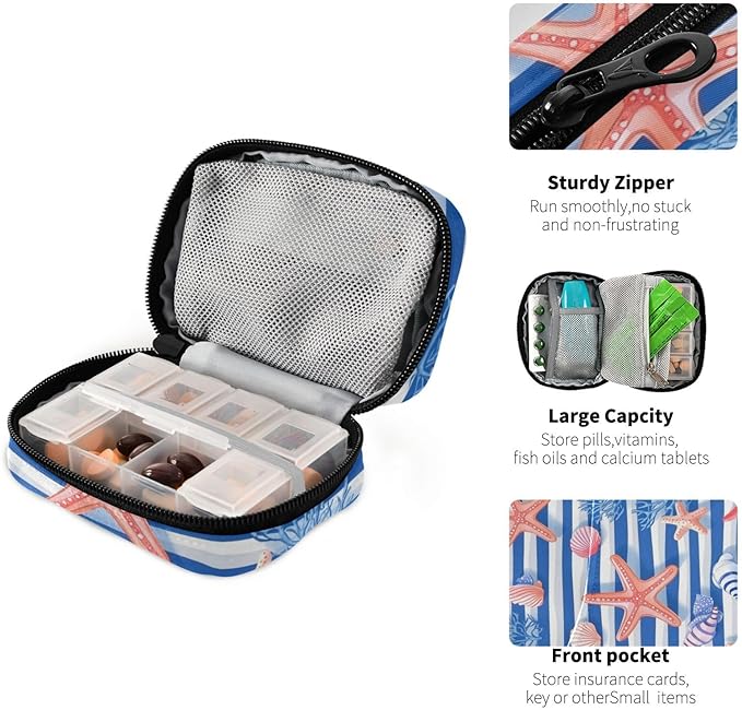Blue Stripes Starfish Seashells Corals Travel Pill Organizer Case Box Container Weekly Portable Vitamin Medicine Holder Storage Bag with Zipper Removable