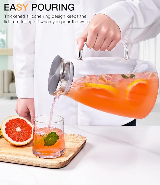 Glass Pitcher with Lid, 2 Liter 68oz Water Pitcher with Handle and Spout for Fridge, Borosilicate Glass for Iced Tea, Juice, Sangria, Cold/Hot Beverage, Large Jug