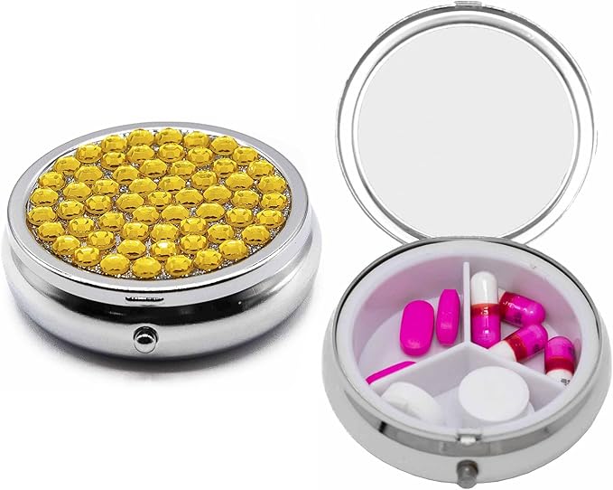 Set of 2 Circular Triple-Compartment Pocket Purse Pill Box & Organizer with Insert (Jonquil Gemstones)