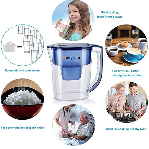 Hskyhan Water Filter Pitcher - 3.8 Liters, 2 Long Lasting Filters Included, Replacement Cartridge Timer, 7 Stage Filtration, Reduces Lead, Fluoride, Chlorine and More, Blue