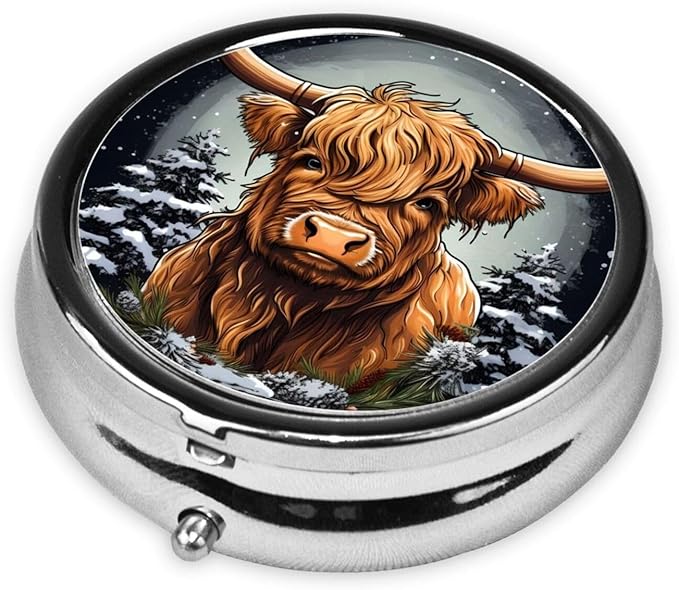 Highland Cow Fir Tree Pill Box 3 Compartment Pill Case, Portable Medicine Pill Organizer for Pocket Purse Pill Box Decorative Metal Medicine Vitamin Organizer