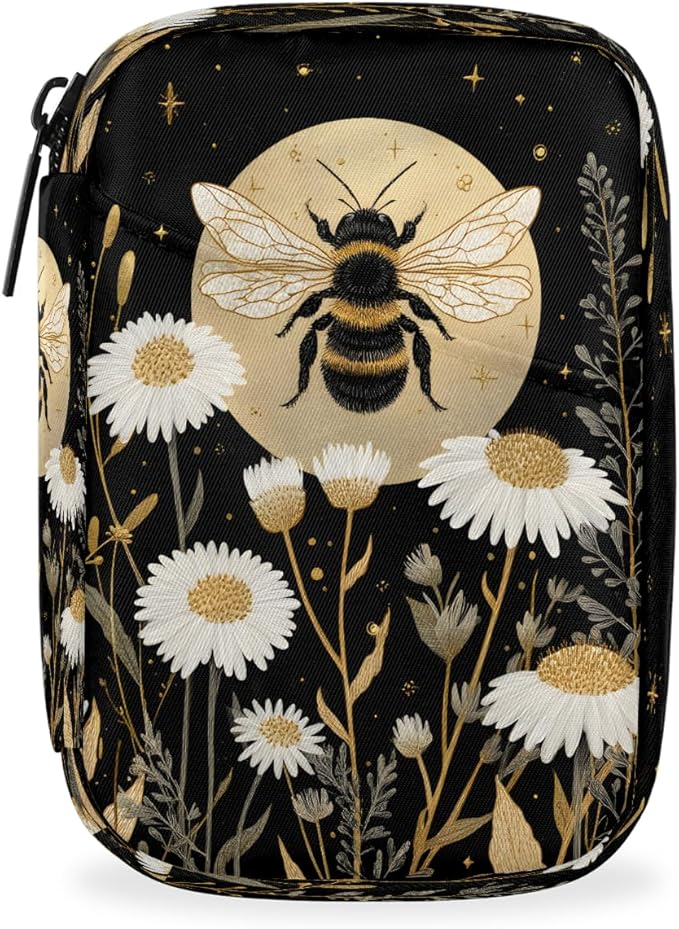 Bees Wild fowers Pill Case Everyday Travel, 7 Day Weekly Medicine Pill Box Compact Portable Pills Bottle Organizer with Zipper for Daily Vitamin Medicine Holder Bottle Organizers Bag