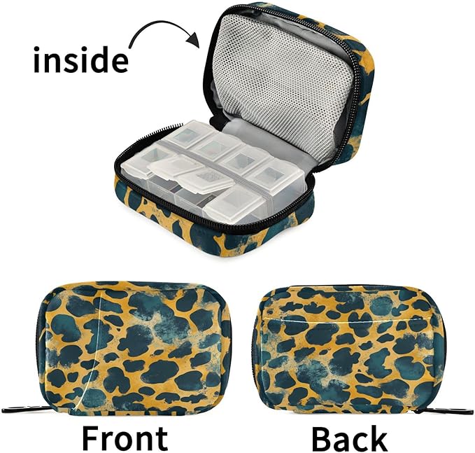 Pill Box Leopard Print 7 Day Pill Case Travel Pill Organizer Bag with Zipper Portable Weekly Vitamin Medicine Supplement Holder Pouch Bag