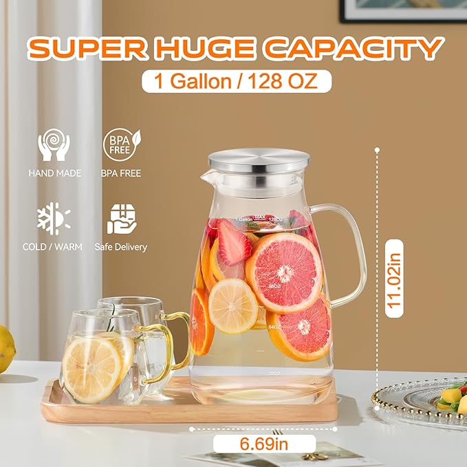 1 Gallon 128oz Glass Pitcher, Water Pitcher with Lid and Spout, Glass Carafe for Hot/Cold Drink, Water Jug for Iced Tea, Coffee, Juice, Milk, Beverage (Extra-Wide Mouth)
