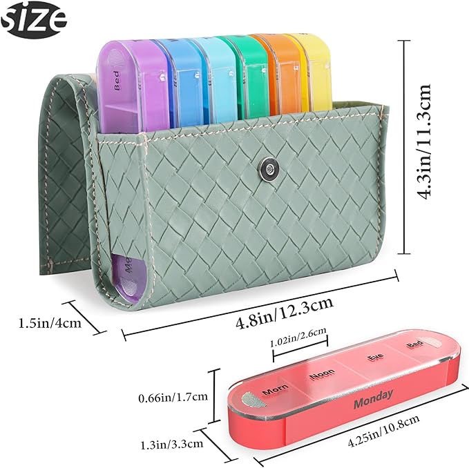 Pill Organizer,LIZIMANDU Weekly Travel Pill Case Box Medication Reminder Daily AM PM, Day Night 7 Compartments,for 4 Times A Day, 7 Days a Week-Includes Leather PU Carrying Case(1-Weave Green2)