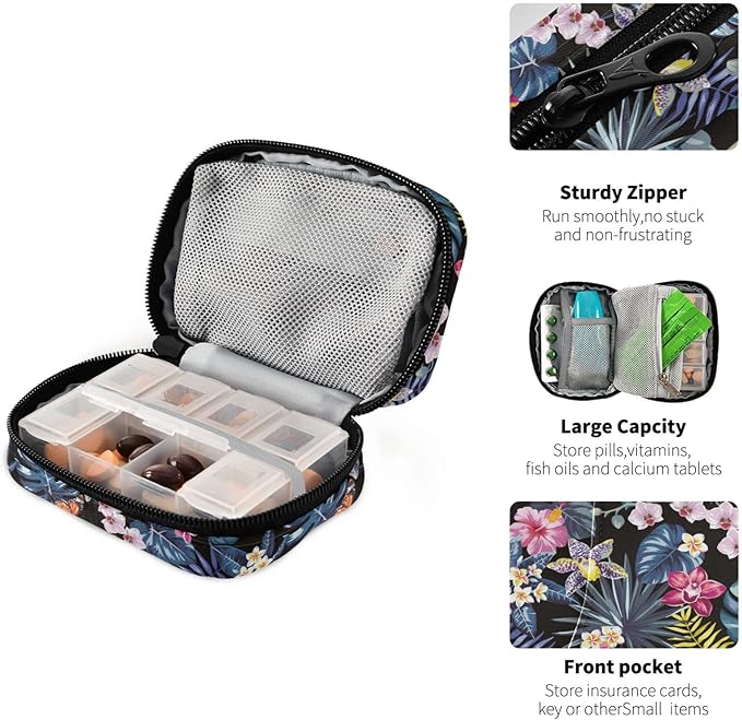 Naanle Pill Organizer Hawaii Palm Leaves Flowers Pill Box 7 Day Pill Case Bag Travel Pill Organizer Bag with Zipper Portable Weekly Case Compact Size for Vitamin Supplement Holder