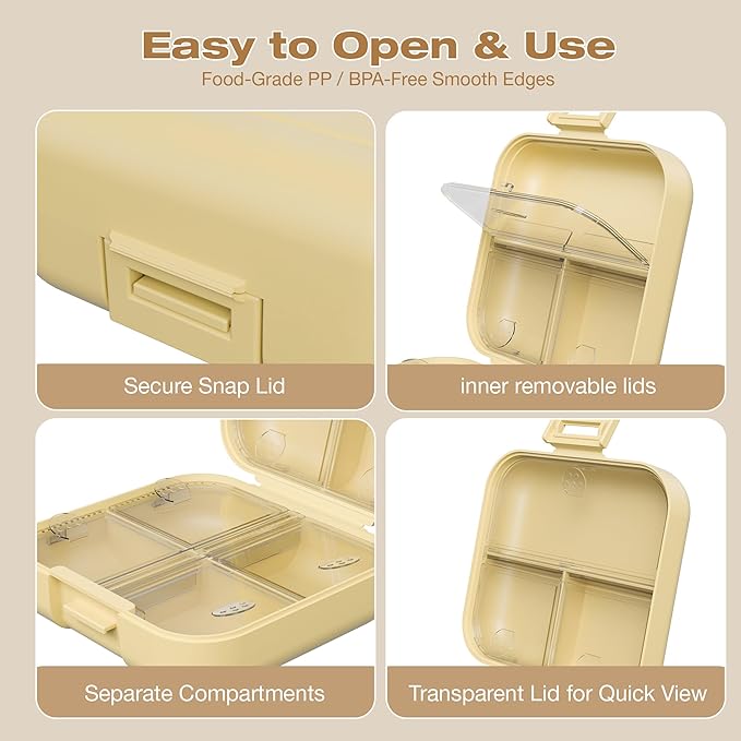 Small Travel Pill Box, Double Layer 7-Compartments Pill Organizer, 3.1" x 3.1" x 1.4" Portable Weekly Pill Case Container for Pocket, 7 Day Compact Medicine Holder for Vitamins, Fish Oils Yellow