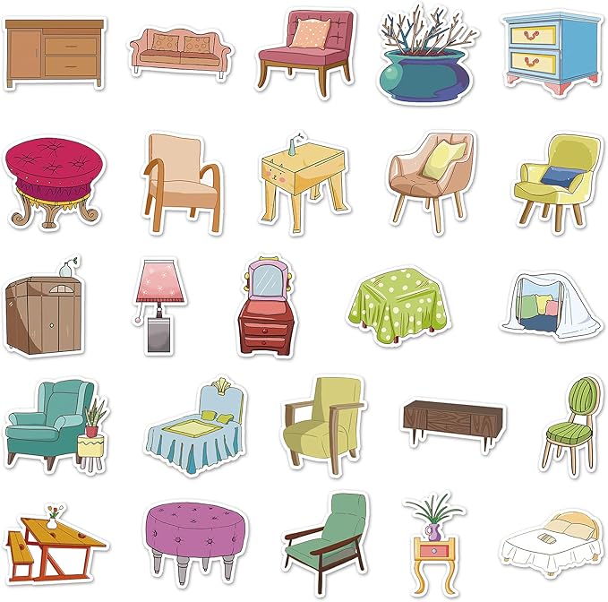 50pcs Furniture Stickers, 1.96-3.15inch Cartoon Home Decorative Stickers, Self-Adhesive for Scrapbooking, Home Decoration, Storage Embellishment