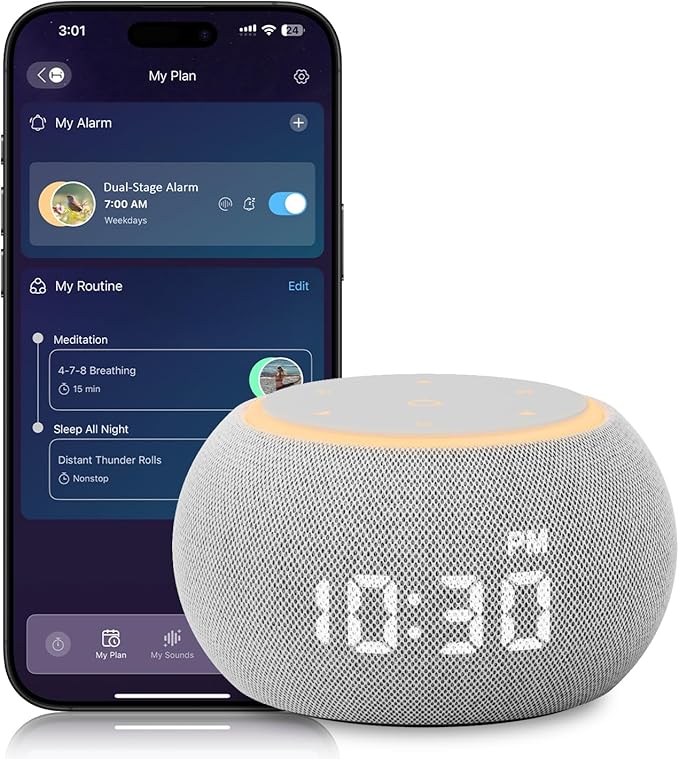 Santebee Sound Machine for Sleep White Noise Machine for Adults Night Light, Luna Pro 507 Soothing Sounds, Dual-stage Alarm&Snooze, Smart App Control Custom Buttons, Dimmable Clock Timer for Baby Kids