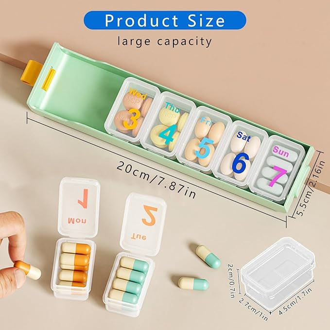 Daily Pills Organizer, Pill Box 7 Day, Weekly Pill Organizer Once A Day Vitamin Organizer, para Guardar Vitaminas, Fish Oils, Medicamentos, Suplementos, Etc (Greener)