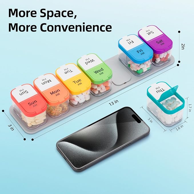 Weekly Pill Organizer,Extra Large Am Pm Medicine Container with Removable Compartments, BPA-Free Pill Sorters 7 Days 2 Times a Day for Vitamins and Supplements