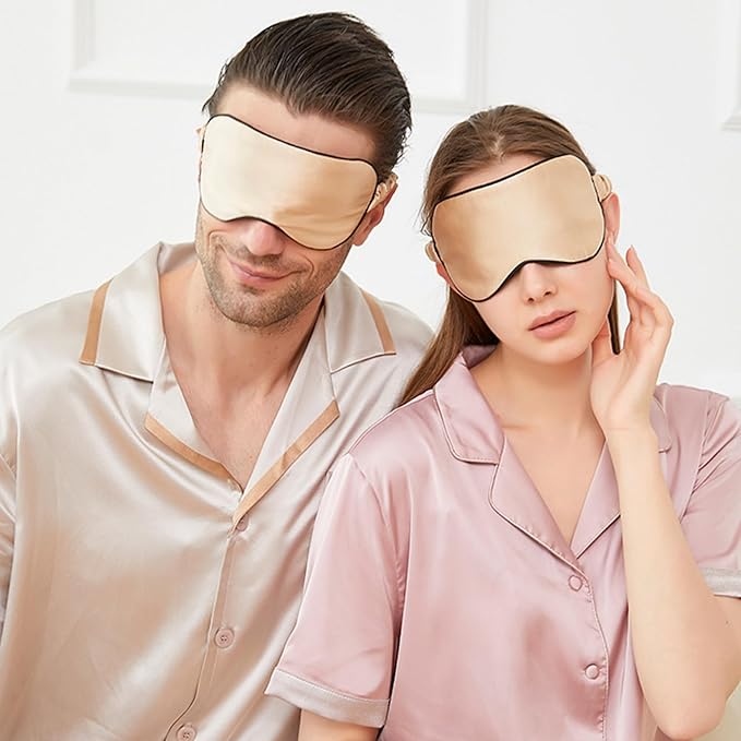 100% Mulberry Silk Sleep Mask for Women/Men Airplane Travel, Pure 22 Momme Silk Eye Mask Blackout for Sleeping, Ajustable, Luxury, Anti Wrinkle, Anti Aging Silk Blindfold, Made in USA (Champagne)