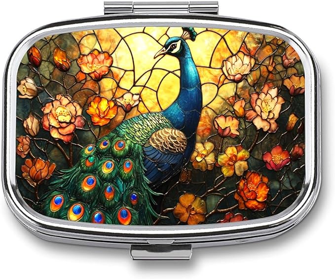 Color Peacock Pill Box 2 Compartment Stained Glass Art Portable Medicine Pill Case Travel Pill Organizer for Pocket Purse