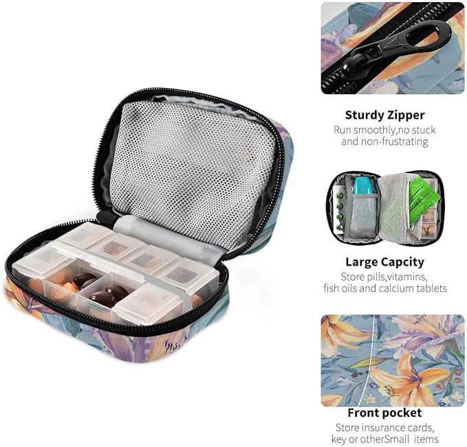 Sweet Lily Flower Oil Blue Travel Pill Organizer Case Box Container Weekly Portable Vitamin Medicine Holder Storage Bag with Zipper Removable