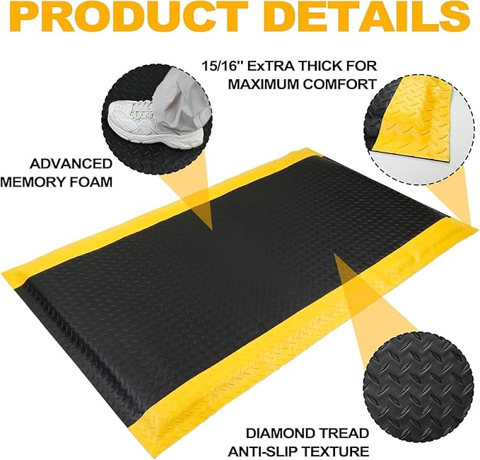 2 x 3 FT Industrial Anti Fatigue Mats 2 Pack, 15/16 Inch Thick Soft Sponge Ergonomic Mat, Nonslip Diamond Plate Work Mat, for Relieving Soreness in The Back and Legs