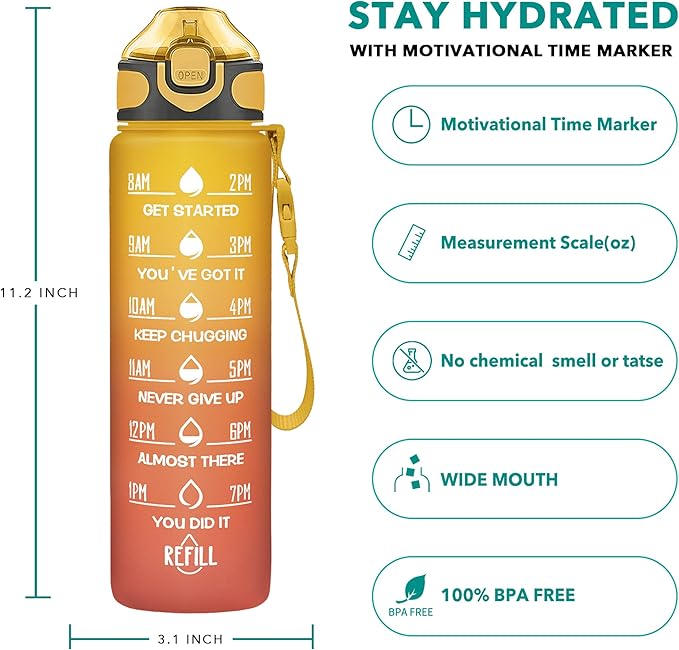Enerbone 32 oz Drinking Water Bottle with Times to Drink and Straw, Motivational with Carrying Strap, Leakproof BPA & Toxic Free, Ensure You Drink Enough Water for Fitness Gym Outdoor
