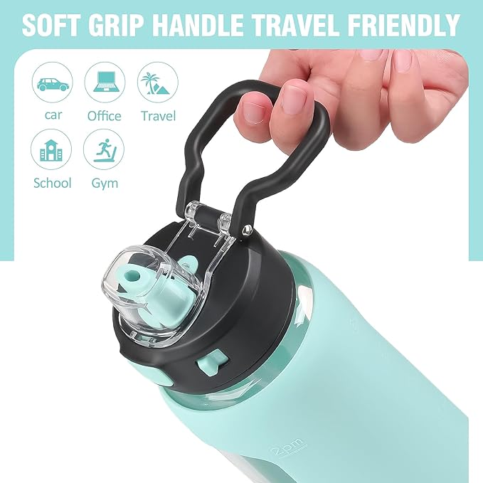 Kodrine 32 oz Glass Water Bottle with Straw and Carry Loop, One-Touch Leakproof Locking Lid, Reusable Drinking Bottle with Time Marker for Travel Home Gym Sports (light Blue)