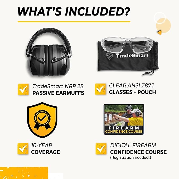 TradeSmart High-Performance Earmuffs for Shooting Range & Shooting Eye Protection Glasses + Firearm Confidence Course