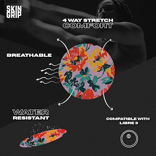 Skin Grip Freestyle Libre 3 & Instinct Sensor Covers-Waterproof & Sweatproof Adhesive Patches for 10-15 Days (Not for Libre2), Pre-Cut Continuous Glucose Monitor Diabetic Sensors Cover-10 Pack,Floral