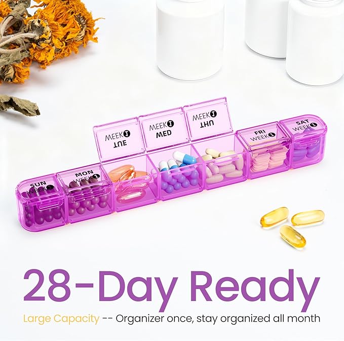 Betife Monthly Pill Organizer 1 Time a Day, 4 Weekly Pill Box Organizer Once a Day, 30 Day Large Pill Case for Travel, 31 Day Daily Medcine Container for Vitamins, Supplement & Medication (White)