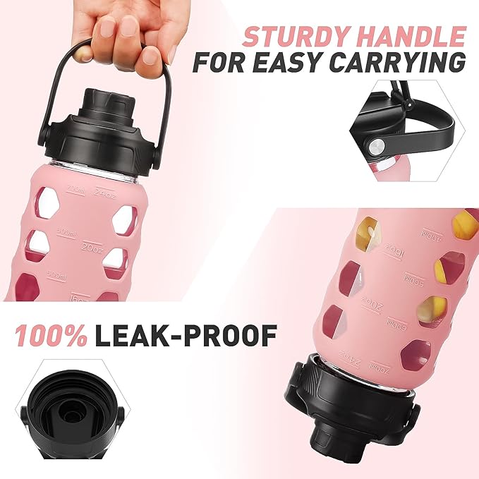 MUKOKO Glass Water Bottles, 24oz Glass Tumbler with Straw, Drinking Bottles with 2 Lids-Handle Spout Lid&Bamboo Straw Lid, Motivational Water Bottle with Time Marker and Silicone Sleeve, 1 Pack-Pink