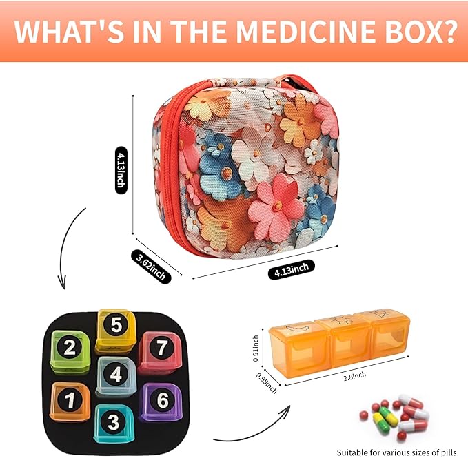 Weekly Pill Organizer, 7-Day Medicine Box with Hard Shell Case, 3 Times Daily Dosage Schedule, Plastic Rectangular Design, Includes Pill Cutter and Weekly Stickers(Flowers)