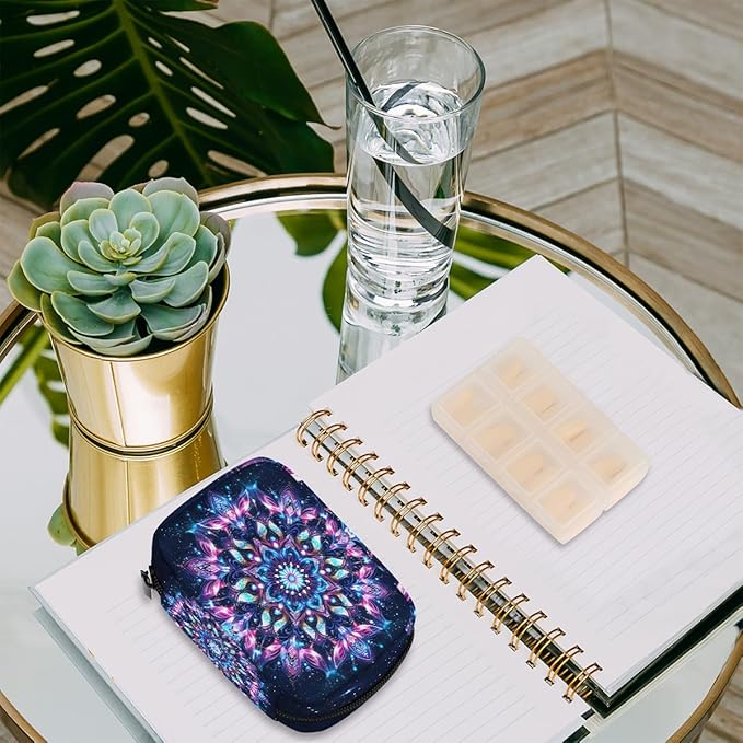 Mandala Purple Flower Travel Pill Organizer Box Weekly Portable Pill Case Daily Pills 7 Day Small Birth Control Pills Container Removable Compartments for Medicine Vitamins Fish Oil