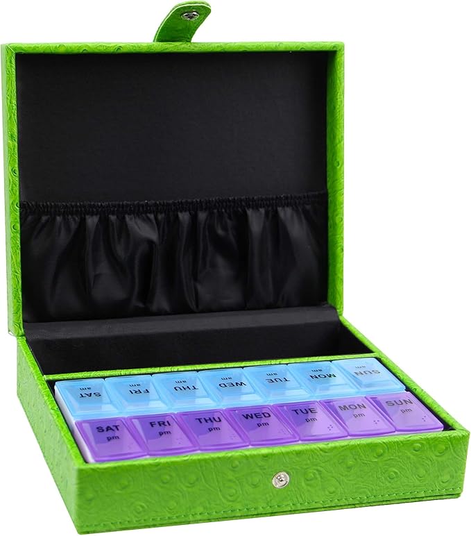 Leather 7 Day AM/PM Pill and Medication Organizer (Green)