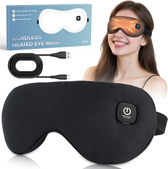 Cordless Heated Eye Mask for Dry Eyes Relief, with 3 Heat Settings, Washable Eye Cover, Warm Heating Pad for Stye Eye Treatment & Travel Use