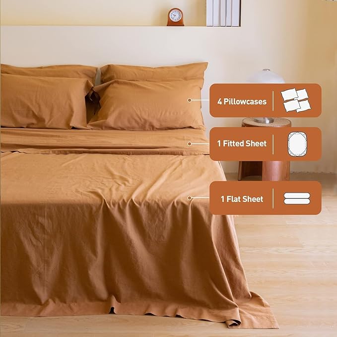 Simple&Opulence Belgian Linen Sheet Set Solid Color - 6 Pieces (1 Flat Sheet & 1 Fitted Sheet & 4 Pillowcases) 16" Deep Pocket Natural Flax Cotton Blended Soft Bedding - Rust, California King