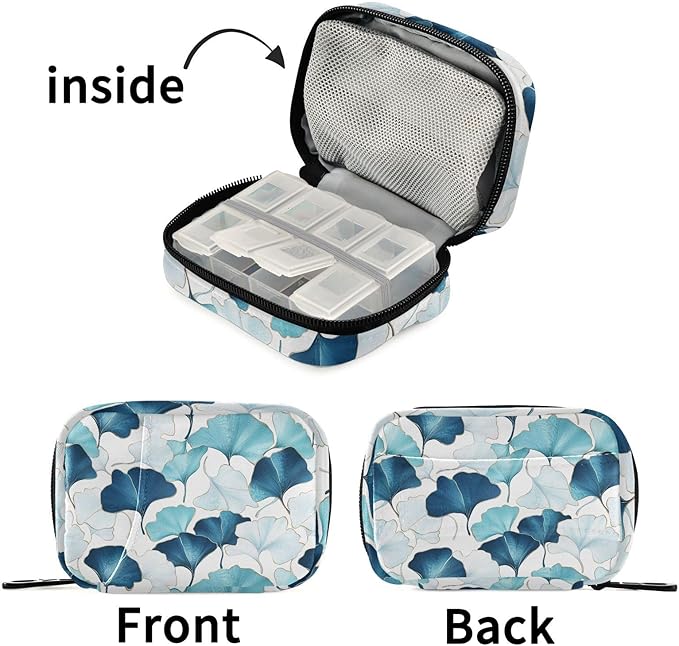 Fustylead Elegant Ink Ginkgo Leaves with Gold Line Pill Organizer for Purse, Weekly Portable Pill Box with Zipper to Storage Vitamins Fish Oils Medications Supplements