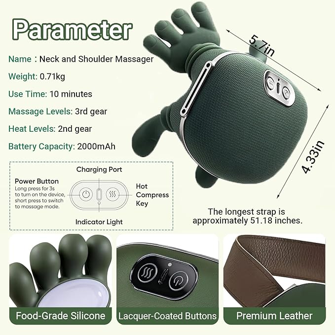 Neck Massager with Fingers - Bionic Heated Massager,Neck and Shoulder Massager,Wireless Portable Electric Shiatsu 4D Kneading Massage, Simulated Human Hand Design(Green)