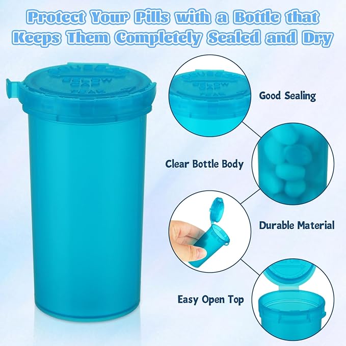 100 Pcs Plastic Empty Prescription Vial, 13 Dram Pill Bottles, Waterproof Airtight Joint Pill Bottles with Pop Top Caps Medicine Container for Pills, Crafts, Candy, Supplements and More(Blue)