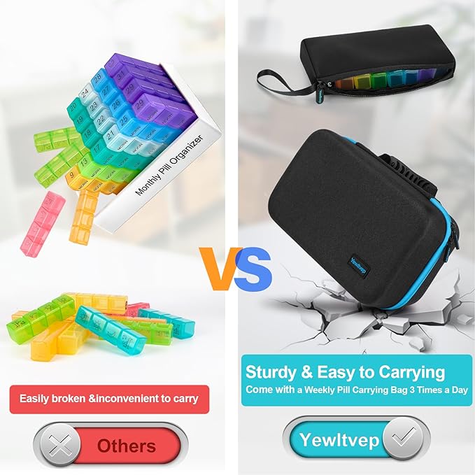 Yewltvep Monthly Pill Organizer 4 Times a Day, Pill Box Organizer with 32 Daily Compartments, 30 Day Pill Organizer 4 Times a Day Pill Holder with Hard Shell Travel Case+Weekly Pill Bag 4 Times a Day