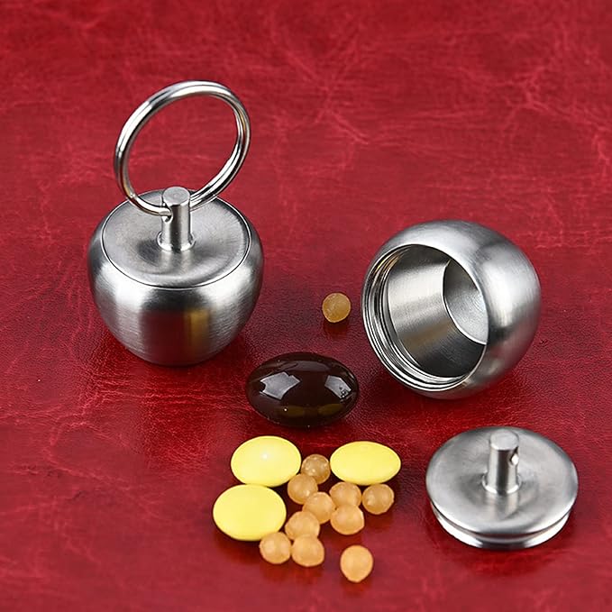 Pill Keychain Holder, Stainless Steel Mini Apple Shaped Pill Case Waterproof Portable Medicine Box Sealed Jar Keychain Pendant for Outdoor Camping Travel