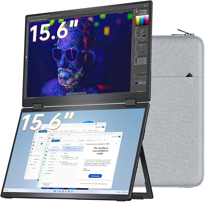 VisionOwl Portable Monitor Dual 15.6 Inch 1080P FHD 107% sRGB Foldable Second Screen, USB-C HDMI HDR Stacked Travel Monitor for Laptop MacBook PC PS5 Xbox, VESA Mountable, Built-in Kickstand
