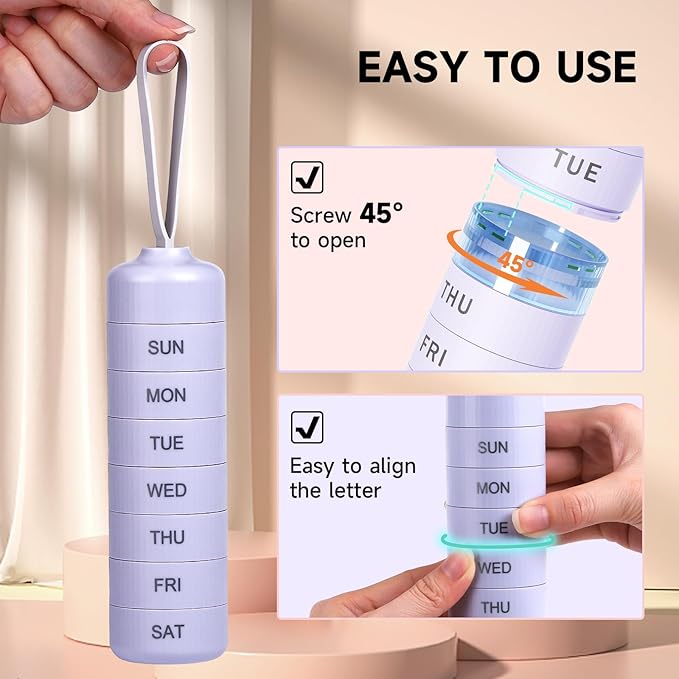 Betife Cute Pill Organizer, Cute Weekly Pill Box for Travel, Cute Daily Pill Case 7 Day, with 7 Large Stackable Compartments, Sturdy ABS Pill Holder for Vitamin Supplement Medicine（Purple）