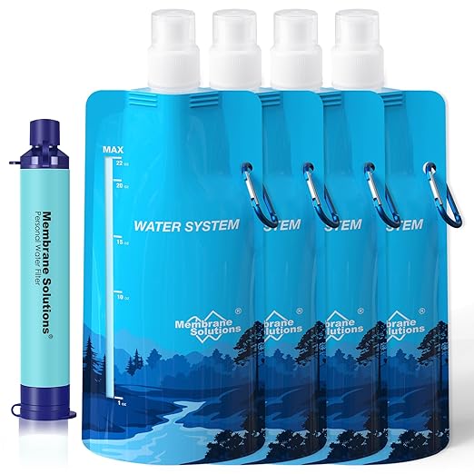 Membrane Solutions Squeezable Water Filtration System, Survival Water Purifier Kit, Portable Backpacking Gear Including Water Filter Straw and 23oz Collapsible Bottle for Hiking Camping Travel(1+4)