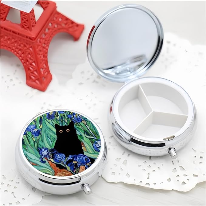Pill Box 3 Compartment Pocket Small Pill Organizer Mini Metal Pill Holder Travel Portable for Man Woman Old People and Children - Flower Balck Cat