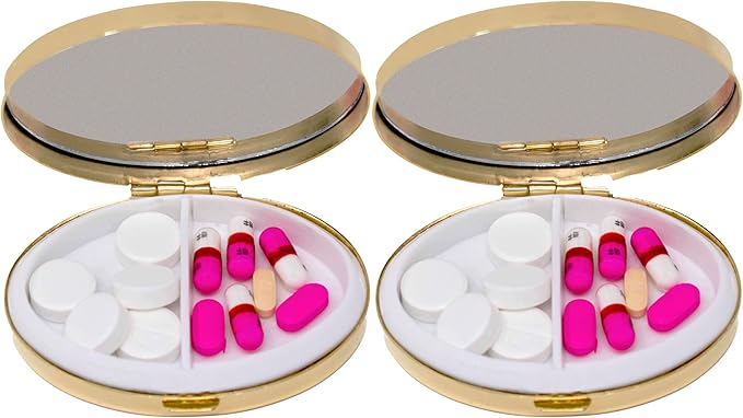 Set of 2 Oval-Shaped Pocket Purse Pill Box & Organizer with Dual Compartments (Gold Flat Top)