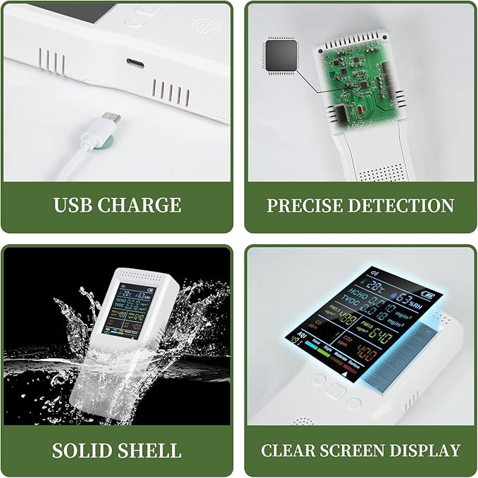 9-in-1 Air Quality Monitor, Indoor Air Quality Meters for PM2.5, PM10, AQI, CO2, CO, TVOC, HCHO, Humidity & Temperature Detector, Portable Air Quality Tester